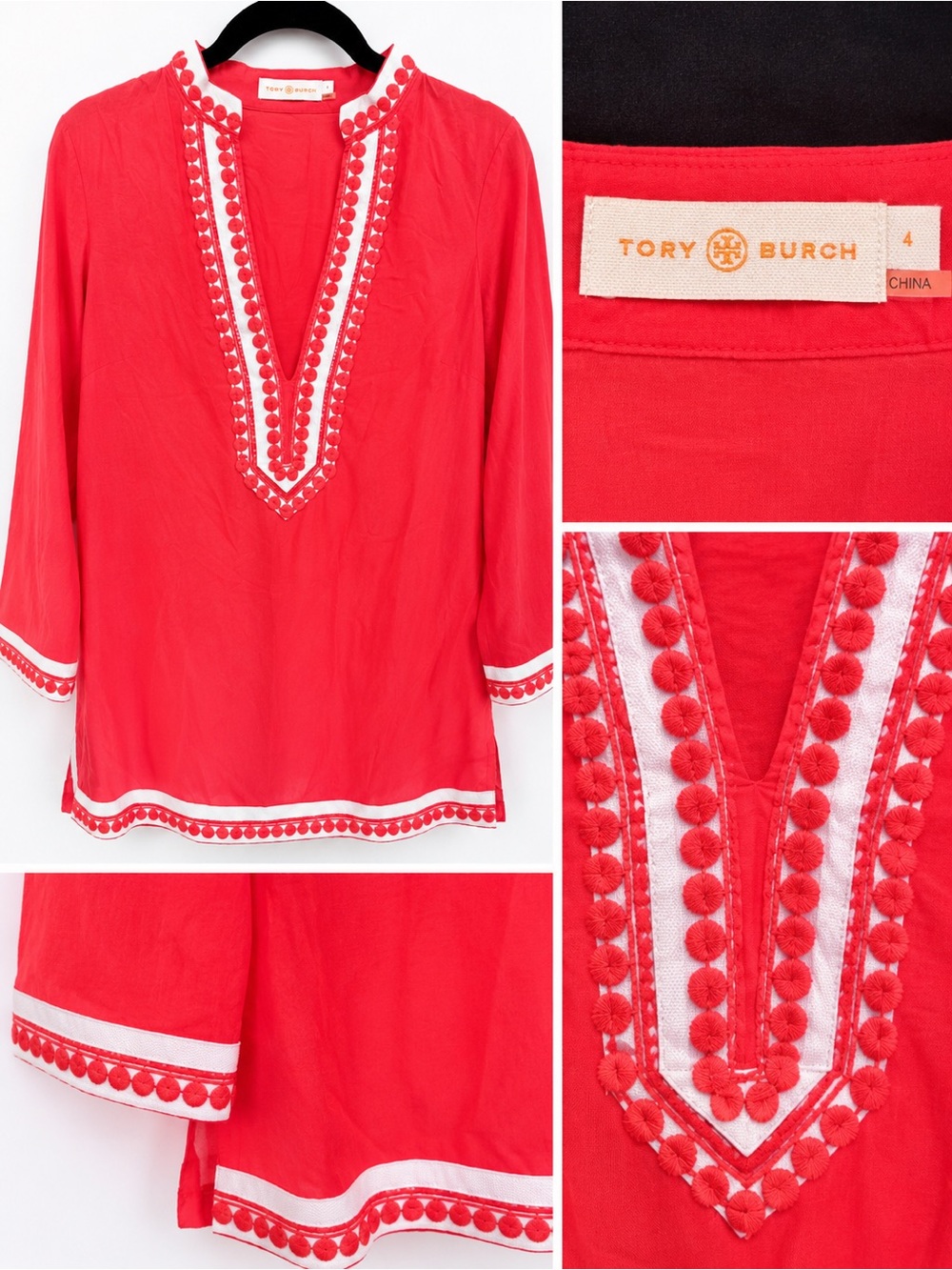 Tory Burch Red Pom-Pom Trim V-Neck Tunic